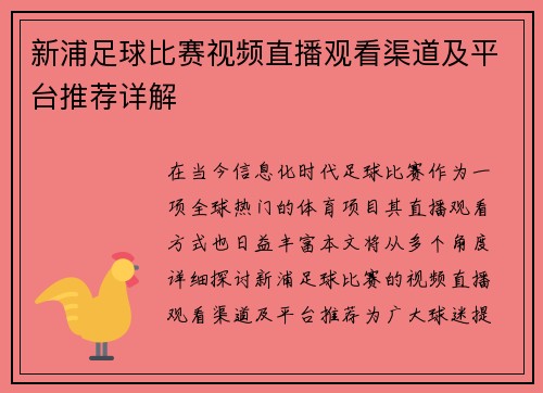 新浦足球比赛视频直播观看渠道及平台推荐详解